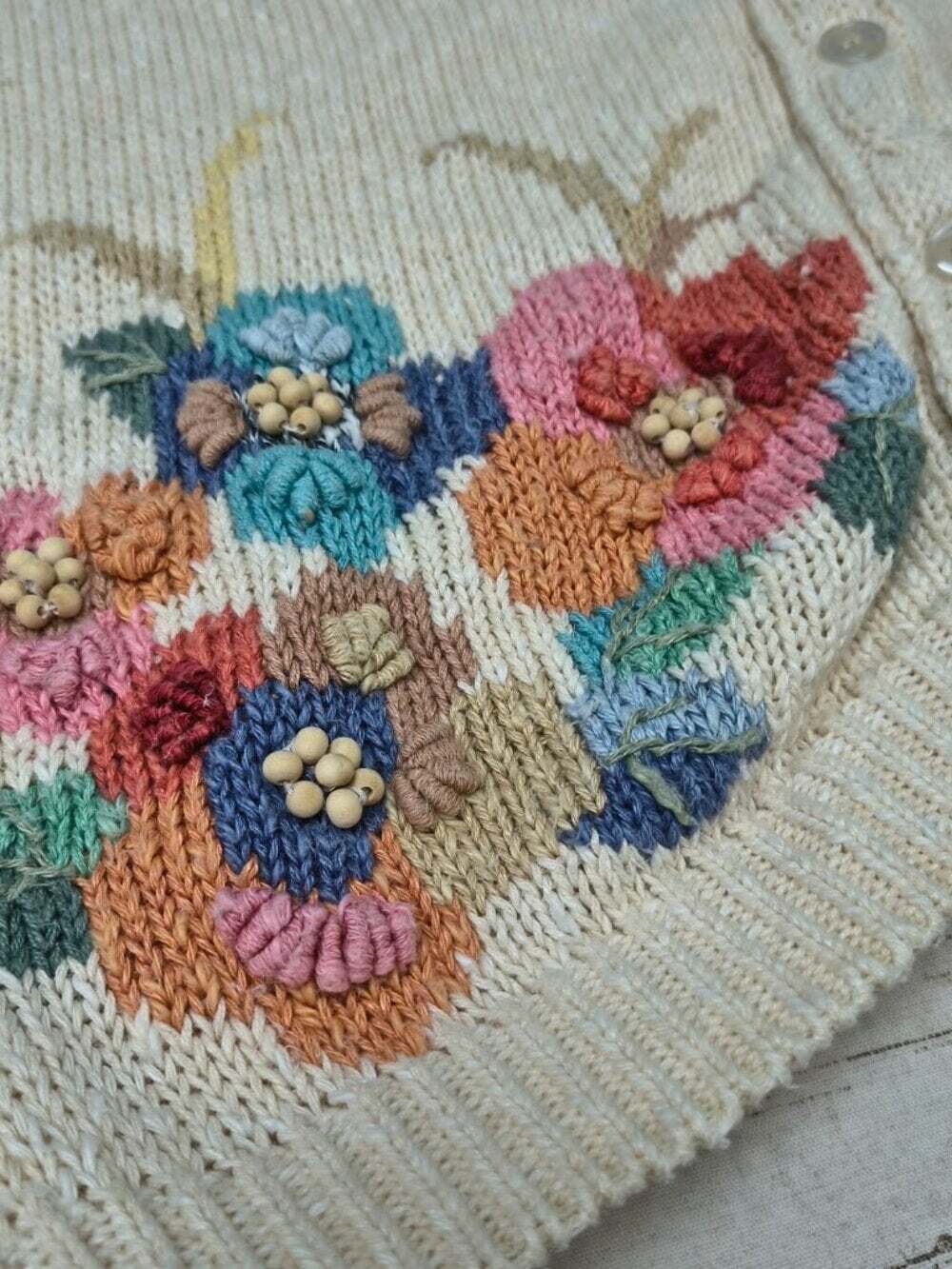 Vintage Connexion Au Contraire Floral Beaded Embroidered Cardigan Sweater Cream - Picture 2 of 7